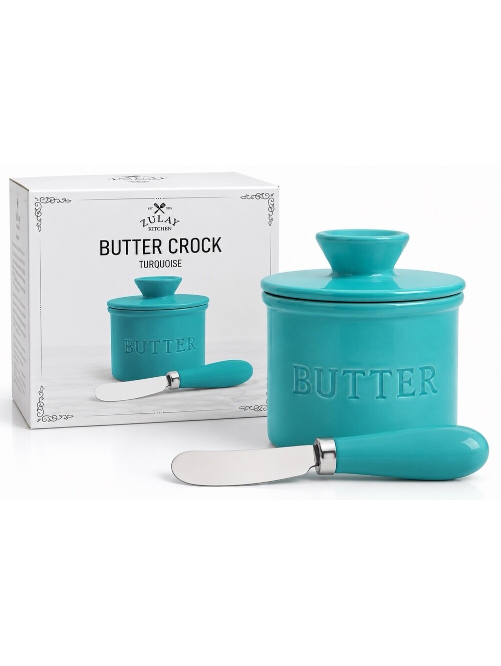 🩵 Zulay Kitchen Butter Crock Turquoise Ceramic Butter Keeper w/ Spreader Knife